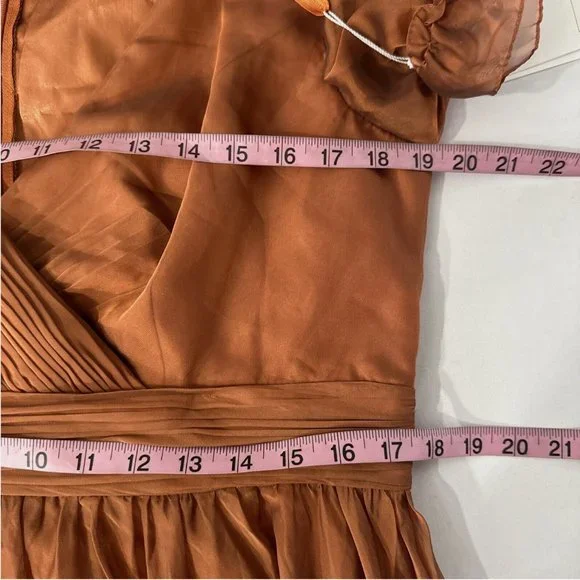 NWT Mac Duggal [ 12 ] Sheer Flutter Sleeve Tea Length Ruffle Dress‎ Rust Orange - Picture 15 of 15